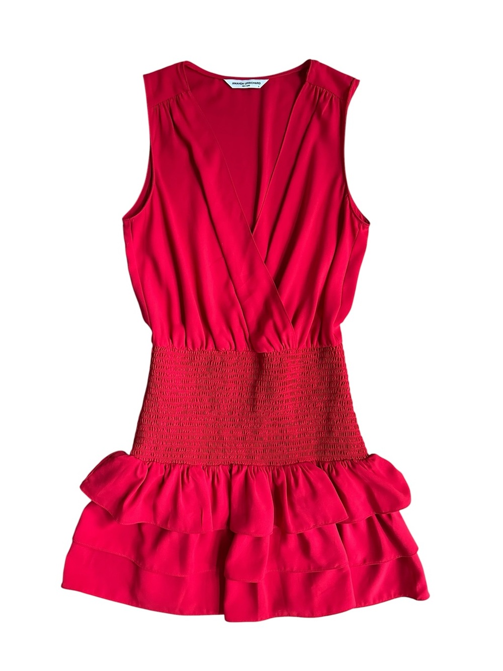 Amanda Uprichard Chantal Red Sleeveless Tiered Smocked Mini Dress